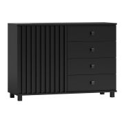 Commode noire à façades lames | 80 x 116 x 40 cm | 1 porte, 4 tiroirs, 2 niches | Soft Close | Poignées métal