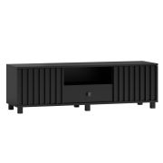 Meuble TV noir, 43 x 140 x 50 cm, avec 2 portes, 1 tiroir et 3 compartiments, système Soft Close, chants ABS, pieds en métal