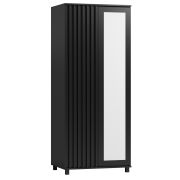 Armoire noire avec miroir, façades à lamelles, 200 x 84 x 60 cm, avec 2 portes et 7 compartiments, 1 tringle à vêtements, chants ABS