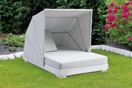 Îlot de bronzage blanc London avec rembourrage, tissu : gris clair, 2090 x 1460 x 1490 mm, rembourrage revêtu de TPU, étanche à l'eau, résistant aux rayons UV