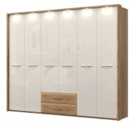 Armoire penderie à portes battantes Gataivai 59 avec cadre LED | Beige brillant & noyer | 224 x 272 x 56 cm
