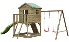 Tour de jeux S20D1, toit : vert, avec toboggan ondulé, balançoire double annexe, balcon, bac à sable, mur d'escalade et échelle en bois - Dimensions : 522 x 363 cm (l x p)