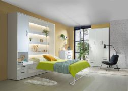 Ensemble complet de chambre à coucher E Nalut | 5 pièces | en blanc | poignées métalliques noires | lit escamotable 160 x 200 cm avec éclairage LED | armoire | commode