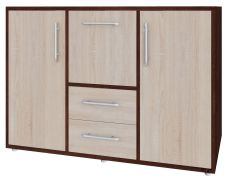 Buffet moderne 5 compartiments Curug 07 | Noyer/Orme | 96 x 140 x 44 cm | 2 tiroirs, 2 portes, 1 porte abattante | Structure robuste