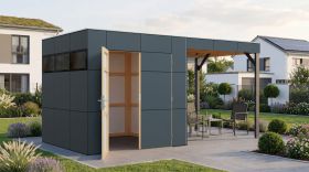 Abri de jardin Lounge Frankfurt 01 avec extension de toit | Toit en pente | Surface au sol 10,5 m² | Gris / Anthracite | Abri de jardin modulaire | Panneaux de façade en HPL