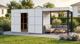 Abri de jardin Lounge Frankfurt 02 avec extension de toit | Toit en pente | Panneaux de façade en HPL | Surface au sol 13,12 m² | Blanc / Anthracite | Abri de jardin modulaire
