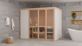 Sauna intérieur Ruhetraum 03 / 243 x 154 cm / Sauna en éléments préfabriqués / Système de banc inclus / Porte vitrée en verre de sécurité trempé / Éléments de fenêtre avec double vitrage / Hauteur 201 cm