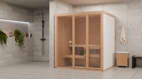 Sauna intérieur Ruhetraum 02 / 183 x 154 cm / Sauna en éléments préfabriqués / Hauteur 201 cm / Porte vitrée en verre de sécurité trempé / Éléments de fenêtre à double vitrage / Système de banc inclus