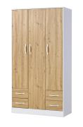 Armoire | Armoire à portes battantes | 3 portes | 120 x 50 x 225 cm | Couleur : chêne / blanc | 3 portes | 4 tiroirs | 11 compartiments | 1 tringle à vêtements | Nalut 01