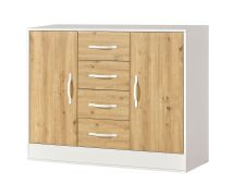 Commode en chêne / blanc | 120 x 40 x 95 cm | 2 portes | 4 tiroirs | 4 étagères | 6 compartiments | poignées métalliques blanches | Nalut 03