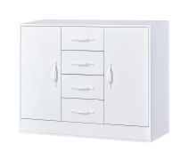 Commode blanche | 120 x 40 x 95 cm | 2 portes | 4 tiroirs | 4 étagères | 6 compartiments | Poignées en métal | Nalut 03
