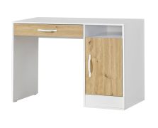 Bureau avec tiroir | 120 x 50 x 81 cm | Couleur : chêne / blanc | 1 porte | 3 compartiments | poignées métalliques blanches | 1 étagère | Nalut 04