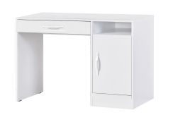 Bureau avec tiroir | 120 x 50 x 81 cm | Couleur : blanc | 1 porte | 3 compartiments | Poignées métalliques | 1 étagère | Nalut 04