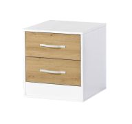 Table de chevet | Table de nuit | Meuble de chevet | 50 x 50 x 55 cm | Couleur : chêne / blanc | 2 tiroirs | poignées métalliques blanches | Nalut 05