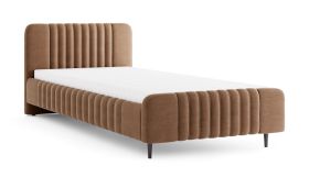 Lit simple | Marron | Revêtement tissu | Couchage 120 x 200 cm | Lit d'appoint | Sommier à lattes inclus | Pieds en bois noirs | Belladere 12