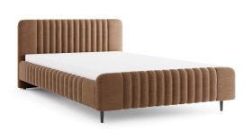 Lit double | Surface de couchage 160 x 200 cm | Sommier à lattes inclus | Marron | Tissu | Pieds en bois noirs | Lit d'appoint | Belladere 12