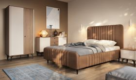 Ensemble complet de chambre à coucher C Belladere | 4 pièces | Noyer/cachemire/marron | Lit simple avec sommier à lattes | Surface de couchage 140 x 200 cm | Armoire | Commode | Table de chevet