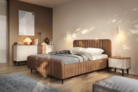Ensemble complet de chambre à coucher F Belladere | 3 pièces | Noyer/cachemire/marron | Lit simple avec sommier à lattes | Surface de couchage 140 x 200 cm | 1 table de chevet | 1 commode