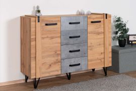 Buffet Atule 05 | Chêne et gris graphite | 97 x 135 x 42 cm | 4 tiroirs, 4 niches, style industriel
