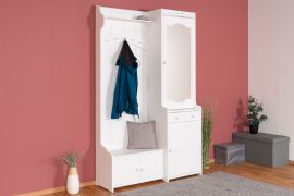 Vestiaire blanc avec miroir Pin massif 28A, 200 x 125 x 41 cm, avec 2 tiroirs, 6 compartiments, 5 crochets et 1 étagère, éclairage inclus