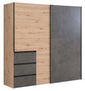 Armoire à portes coulissantes / Penderie Pibor 23, Couleur : Chêne / Gris foncé - dimensions : 201 x 200 x 61 cm (h x l x p)