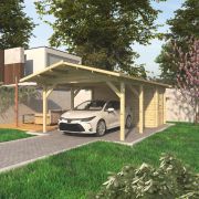 Carport individuel avec local à outils MA 55 / Bois de pin et d'épicéa / Surface de base 23,48 m² / Carport avec débarras / Toit à deux versants / Porte simple