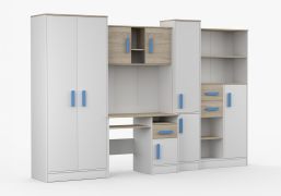 Chambre d'enfant Armoire avec bureau / 3 mètres de large / Grammasos 02 / Blanc / Chêne / 19 compartiments / 3 tiroirs / 300 x 52 x 196 cm / Chambre d'enfant