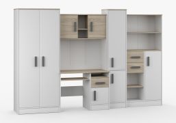 Chambre d'enfant - Armoire avec bureau / Blanc / Chêne / Grammasos 07 / 300 x 52 x 196 cm / 8 portes / 3 tiroirs / 19 compartiments / 3 mètres de large