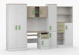 Armoire murale chambre enfant avec bureau | 300 x 52 x 196 cm | Blanc / Chêne | Grammasos 03 | 8 portes | 3 tiroirs | 19 niches