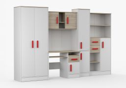Chambre d'enfant Armoire avec bureau / Blanc / Chêne / Grammasos 01 / 300 x 52 x 196 cm / 8 portes / 3 tiroirs / 19 compartiments / Chambre d'enfant