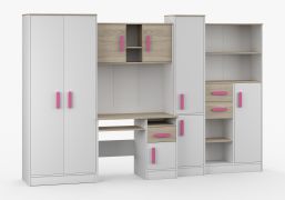 Chambre d'enfant Armoire avec bureau / Blanc / Chêne / Grammasos 04 / 300 x 52 x 196 cm / 8 portes / 3 tiroirs / 19 compartiments / Chambre d'enfant