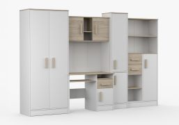 Chambre d'enfant Armoire avec bureau / 300 x 52 x 196 cm / Blanc / Chêne / Grammasos 06 / 8 portes / 3 tiroirs / 19 compartiments / Chambre d'enfants