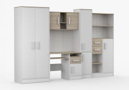 Chambre d'enfant Armoire avec bureau / Blanc / Chêne / Grammasos 08 / 300 x 52 x 196 cm / 8 portes / 3 tiroirs / 19 compartiments / 3 mètres de large