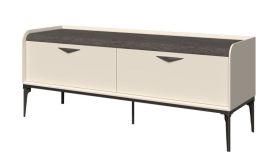 Meuble TV bas 2 tiroirs crème | 66 x 167 x 50 cm | Soft Close | plateau arrondi décor chêne gris | pieds métal