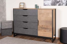 Commode Bassatine 07, Couleur : Chêne rustique / Gris / Noir - Dimensions : 99 x 138 x 40 cm (H x L x P)