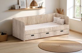 Lit enfant en chêne | Sommier inclus | Couchage extensible 180 x 200 cm | 3 tiroirs de rangement