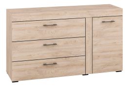 Commode Decorah 06, couleur : chêne clair - Dimensions : 84 x 146 x 42 cm (H x L x P), avec 1 porte, 3 tiroirs et 2 compartiments