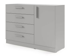 Commode / 4 tiroirs / 1 porte / chants ABS / 2 compartiments / 1 étagère / Couleur : Gris platine /121 x 40 x 85 cm / Edegem 08