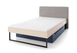 Lit 1 place moderne avec 2 tiroirs Authie 13 | Beige & bleu foncé | 120 x 200 cm | Tête de lit tissu | Rangement optimisé