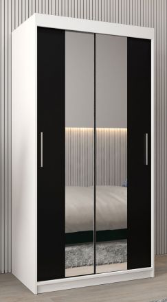 Armoire à portes coulissantes / Penderie Bisaurin 1B avec miroir, Couleur : Blanc mat / Noir - Dimensions : 200 x 100 x 62 cm ( H x L x P)