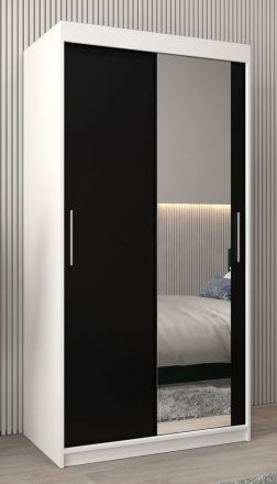 Armoire à portes coulissantes / Penderie Bisaurin 1C avec miroir, Couleur : Blanc mat / Noir - Dimensions : 200 x 100 x 62 cm ( H x L x P)