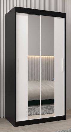 Armoire à portes coulissantes / Penderie Bisaurin 1B avec miroir, Couleur : Noir / Blanc mat - Dimensions : 200 x 100 x 62 cm ( H x L x P)