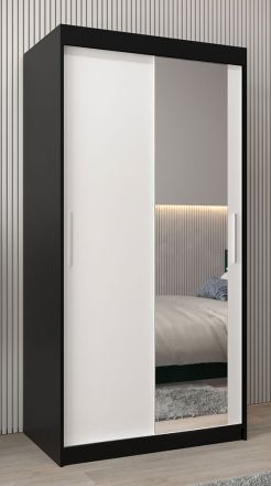 Armoire à portes coulissantes / Penderie Bisaurin 1C avec miroir, Couleur : Noir / Blanc mat - Dimensions : 200 x 100 x 62 cm ( H x L x P)