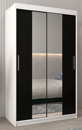 Armoire à portes coulissantes / Penderie Bisaurin 2B avec miroir, Couleur : Blanc mat / Noir - Dimensions : 200 x 120 x 62 cm ( H x L x P)