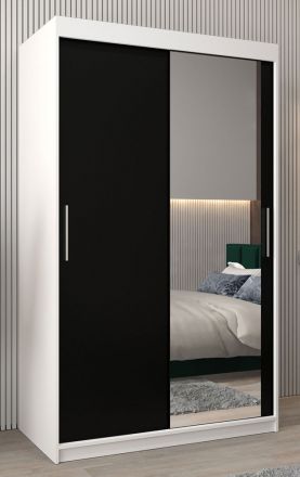 Armoire à portes coulissantes / Penderie Bisaurin 2C avec miroir, Couleur : Blanc mat / Noir - Dimensions : 200 x 120 x 62 cm ( H x L x P)