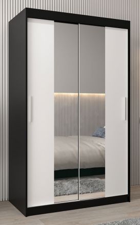 Armoire à portes coulissantes / Penderie Bisaurin 2B avec miroir, Couleur : Noir / Blanc mat - Dimensions : 200 x 120 x 62 cm ( H x L x P)