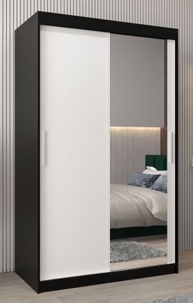 Armoire à portes coulissantes / Penderie Bisaurin 2C avec miroir, Couleur : Noir / Blanc mat - Dimensions : 200 x 120 x 62 cm ( H x L x P)