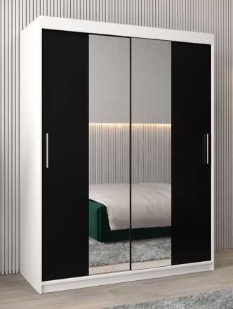 Armoire à portes coulissantes / Penderie Bisaurin 3B avec miroir, Couleur : Blanc mat / Noir - Dimensions : 200 x 150 x 62 cm ( H x L x P)