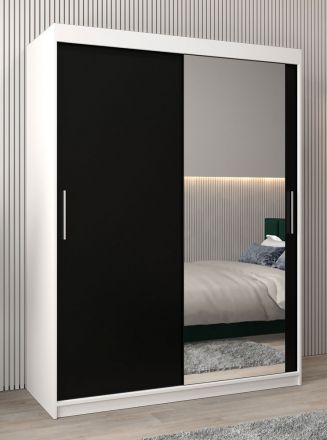 Armoire à portes coulissantes / Penderie Bisaurin 3C avec miroir, Couleur : Blanc mat / Noir - Dimensions : 200 x 150 x 62 cm ( H x L x P)