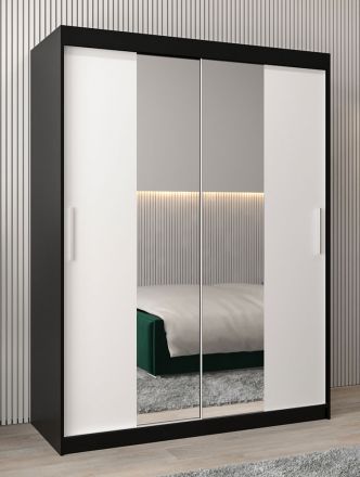 Armoire à portes coulissantes / Penderie Bisaurin 3B avec miroir, Couleur : Noir / Blanc mat - Dimensions : 200 x 150 x 62 cm ( H x L x P)